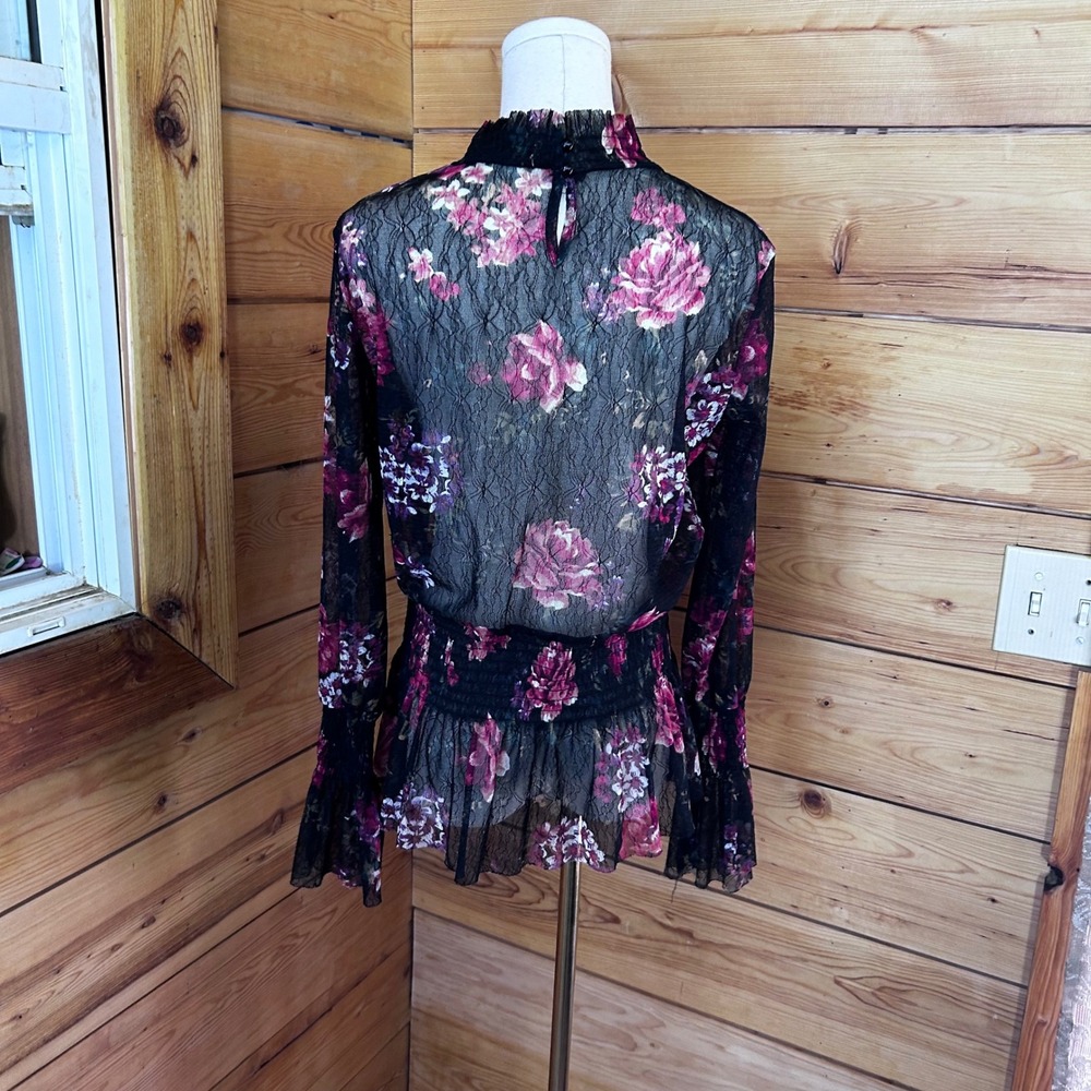 Floral Sheer Mesh Lace Blouse Large Black Mock Neck Smocked Whimsigoth Vamp Dark - Picture 6 of 8